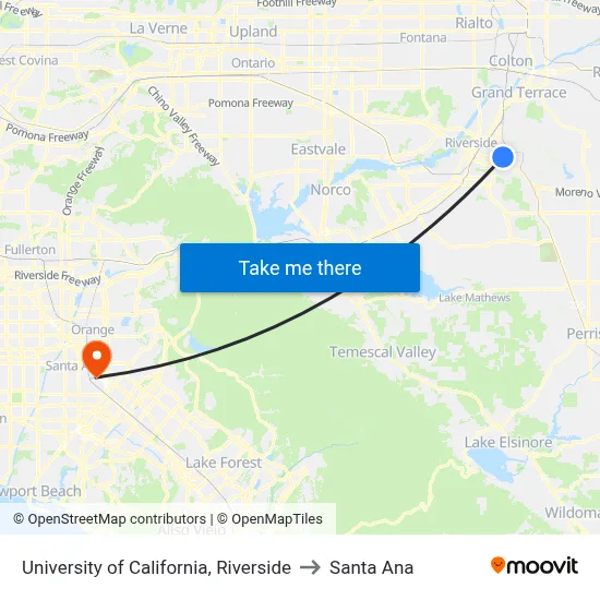 University of California, Riverside to Santa Ana map