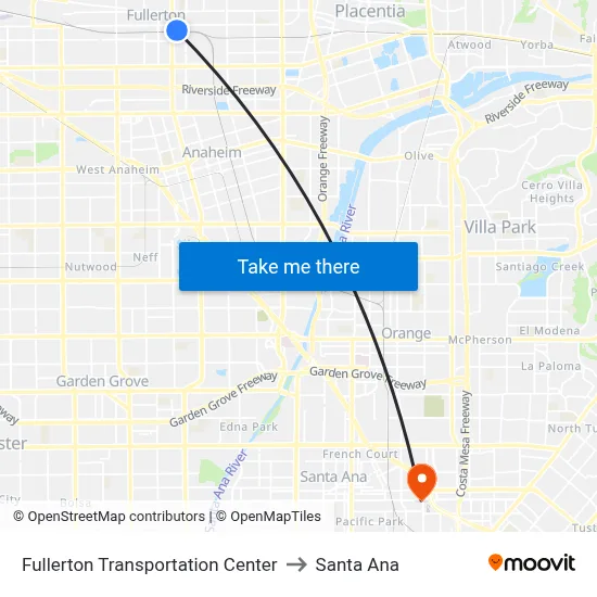 Fullerton Transportation Center to Santa Ana map