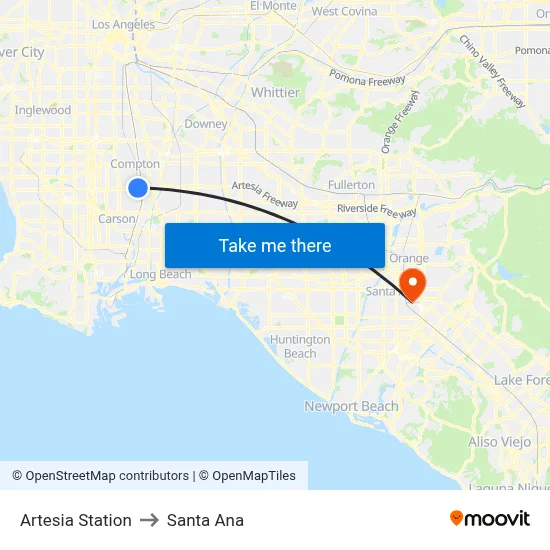 Artesia Station to Santa Ana map