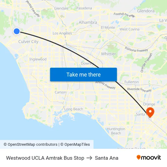 Westwood UCLA Amtrak Bus Stop to Santa Ana map