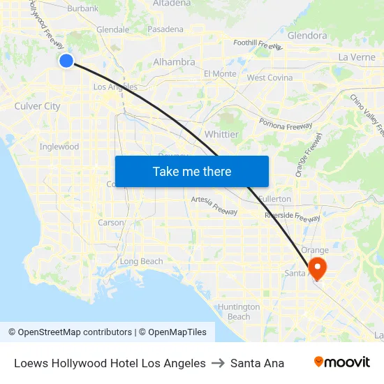 Loews Hollywood Hotel Los Angeles to Santa Ana map