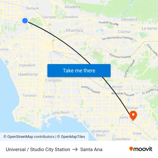 Universal / Studio City Station to Santa Ana map