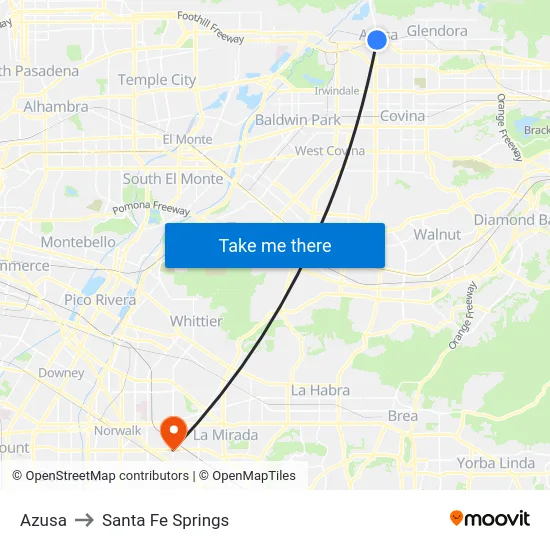 Azusa to Santa Fe Springs map