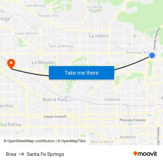 Brea to Santa Fe Springs map