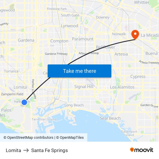 Lomita to Santa Fe Springs map