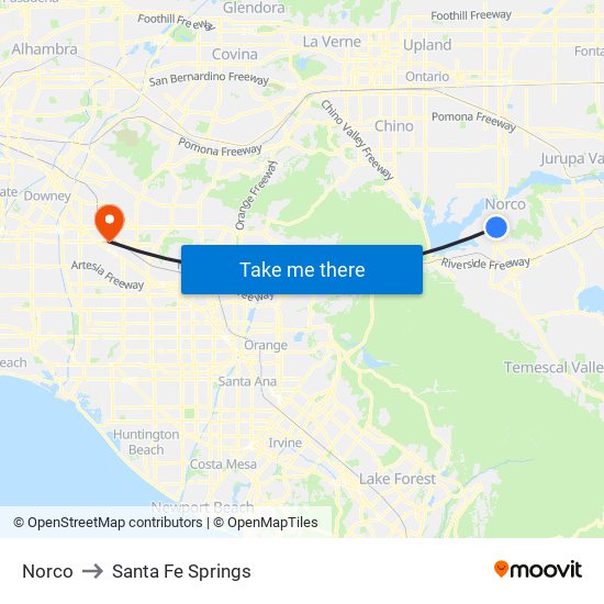 Norco to Santa Fe Springs map