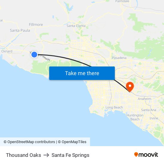 Thousand Oaks to Santa Fe Springs map