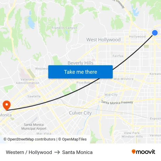 Western / Hollywood to Santa Monica map