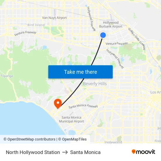 North Hollywood Station to Santa Monica map