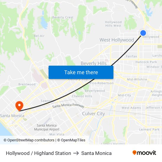 Hollywood / Highland Station to Santa Monica map