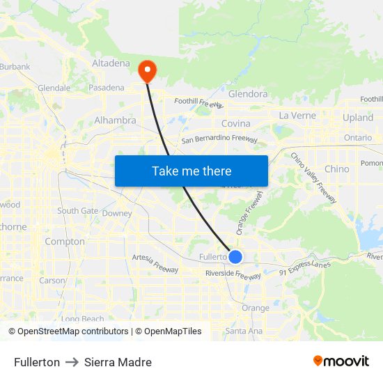 Fullerton to Sierra Madre map