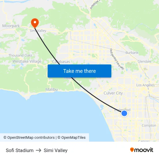 Sofi Stadium to Simi Valley map