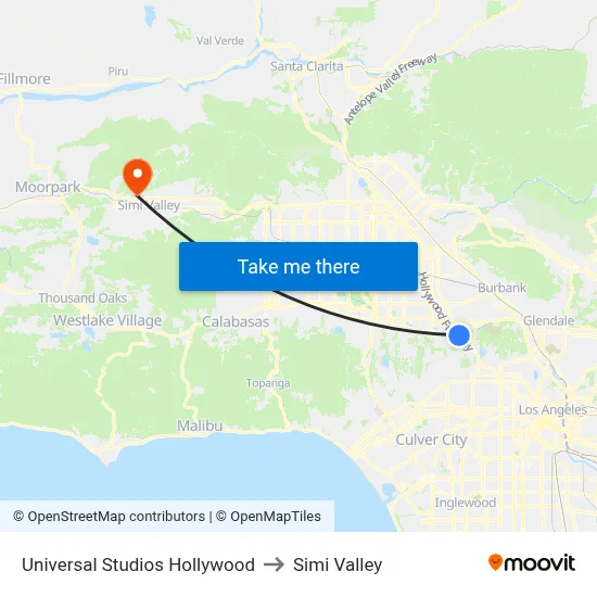 Universal Studios Hollywood to Simi Valley map