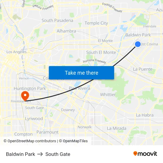 Baldwin Park to South Gate map