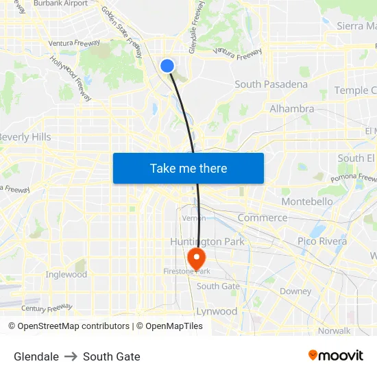 Glendale to South Gate map