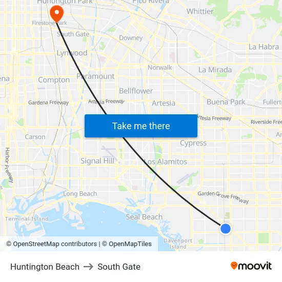 Huntington Beach to South Gate map