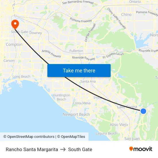 Rancho Santa Margarita to South Gate map