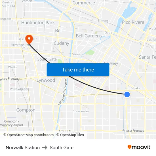 Norwalk Station to South Gate map