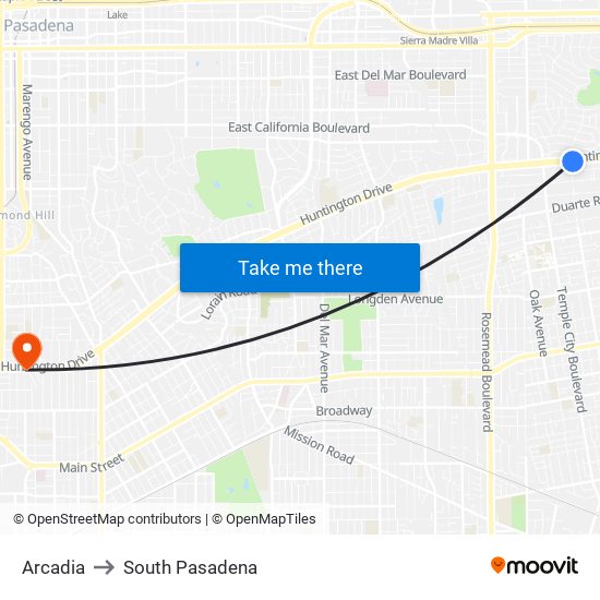 Arcadia to South Pasadena map