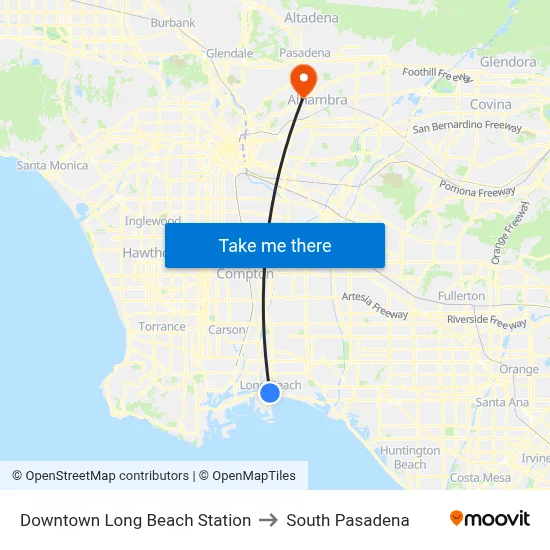 Downtown Long Beach Station to South Pasadena map