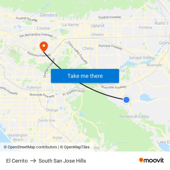 El Cerrito to South San Jose Hills map