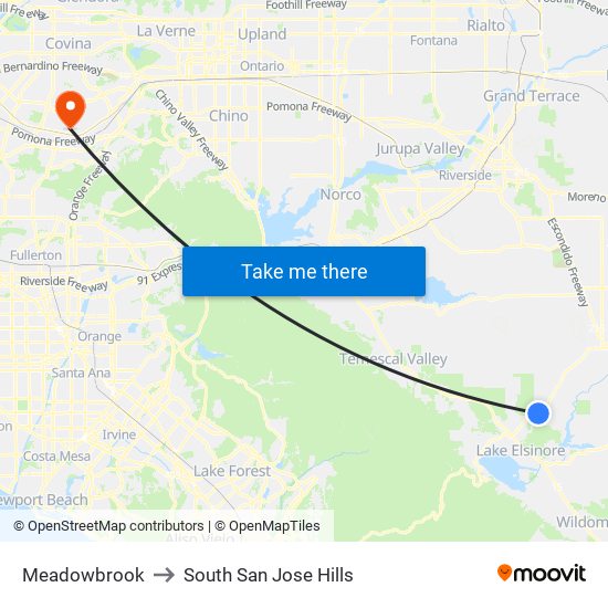 Meadowbrook to South San Jose Hills map