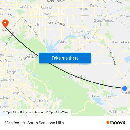 Menifee to South San Jose Hills map