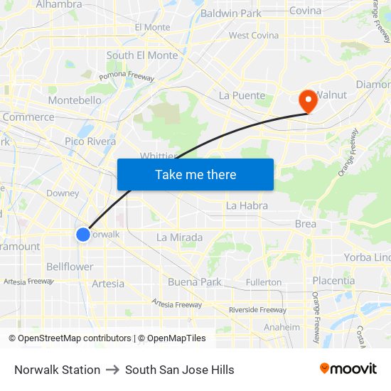 Norwalk Station to South San Jose Hills map