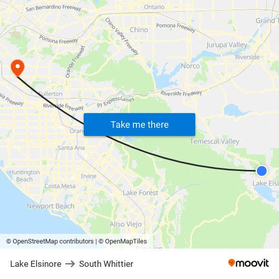 Lake Elsinore to South Whittier map