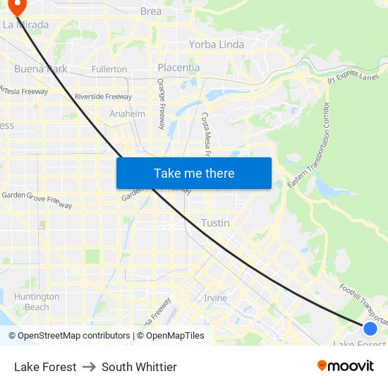 Lake Forest to South Whittier map