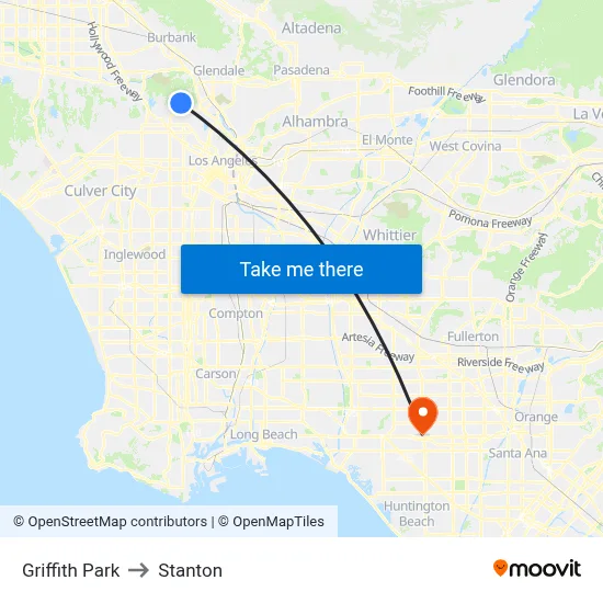 Griffith Park to Stanton map