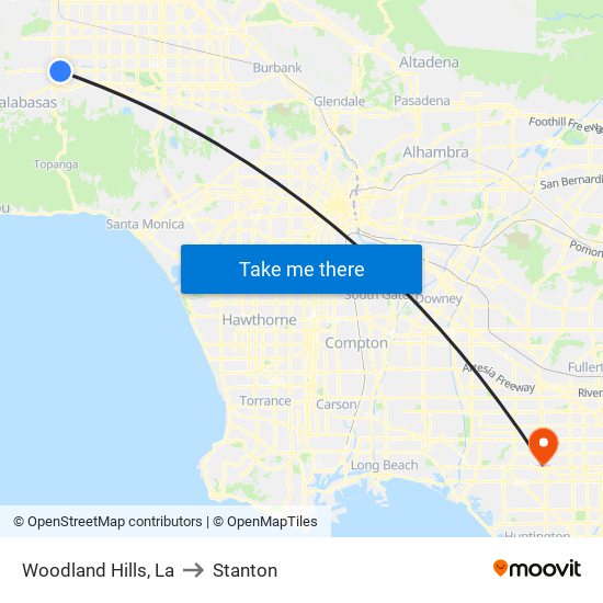 Woodland Hills, La to Stanton map