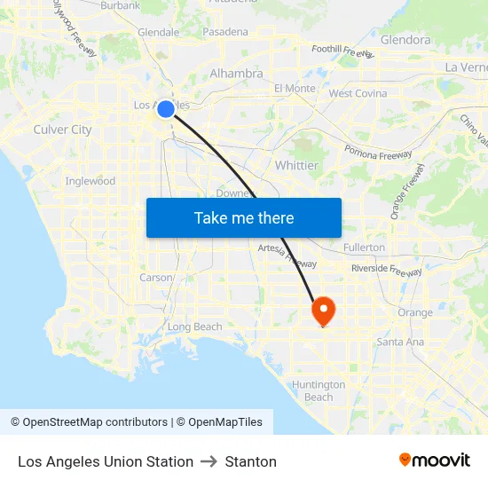 Los Angeles Union Station to Stanton map