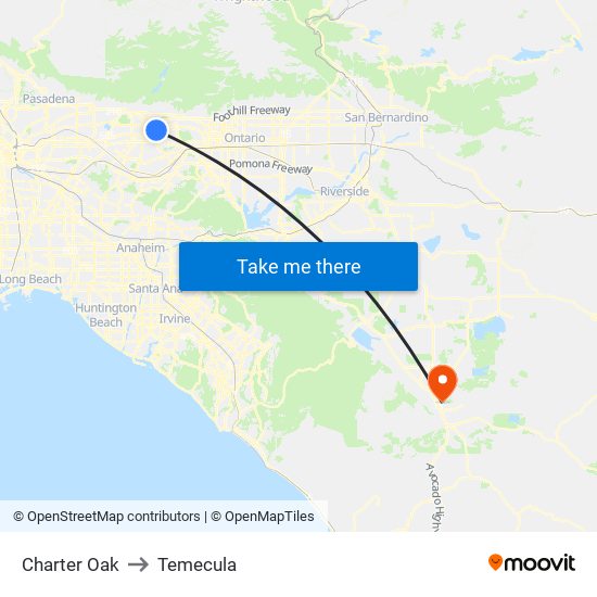 Charter Oak to Temecula map