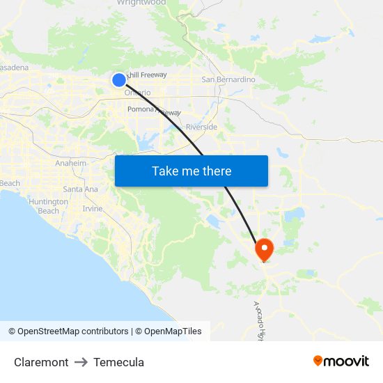 Claremont to Temecula map
