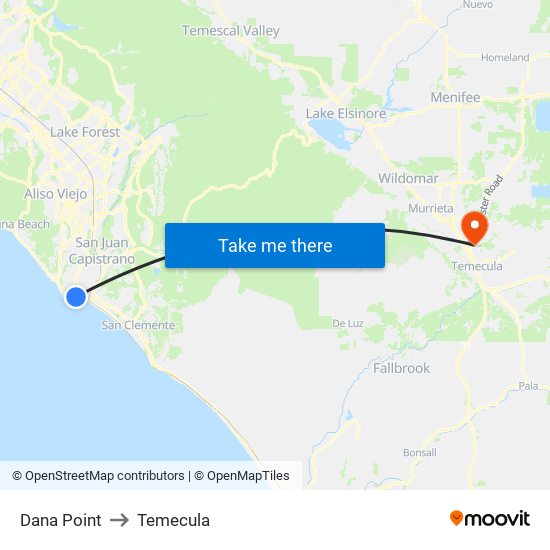 Dana Point to Temecula map