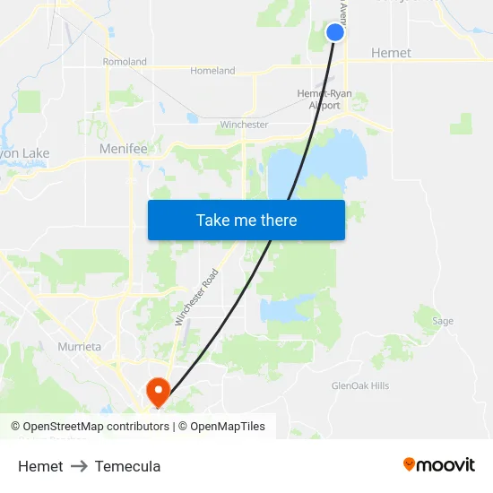 Hemet to Temecula map