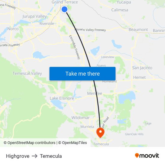Highgrove to Temecula map