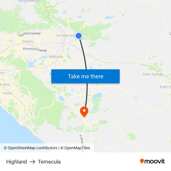 Highland to Temecula map