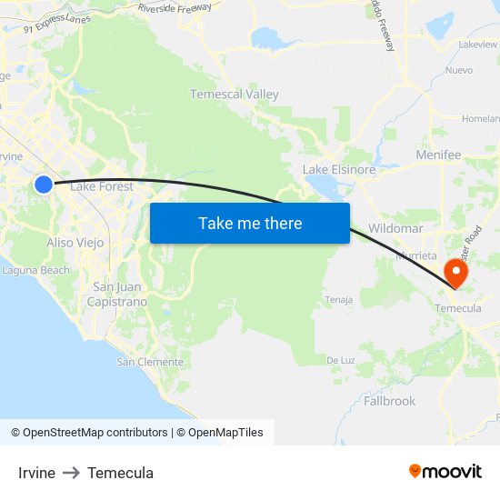 Irvine to Temecula map