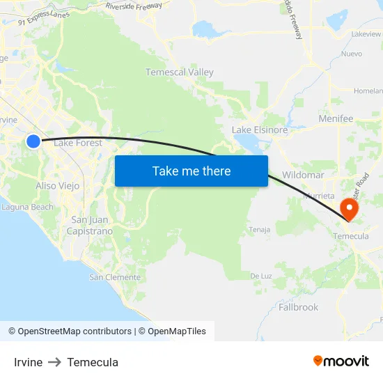 Irvine to Temecula map