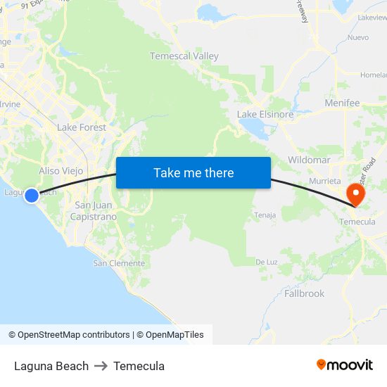 Laguna Beach to Temecula map