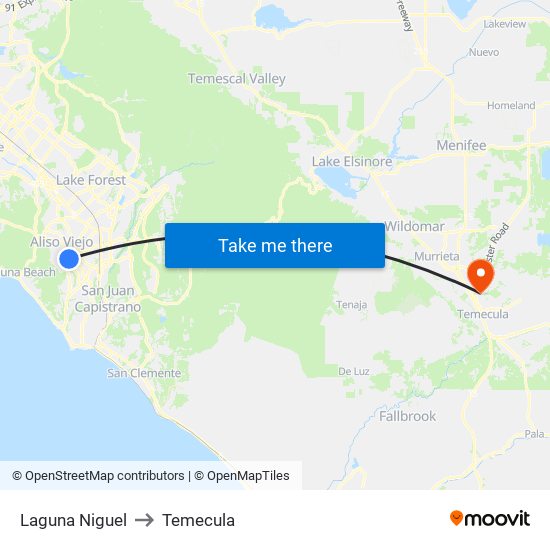 Laguna Niguel to Temecula map