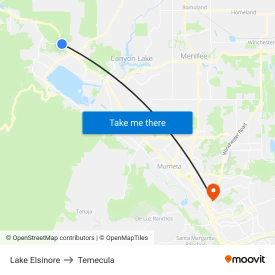 Lake Elsinore to Temecula map