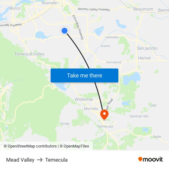 Mead Valley to Temecula map