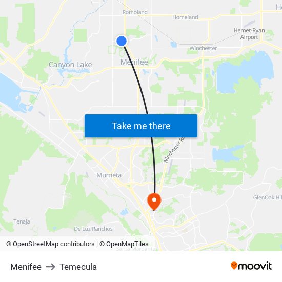 Menifee to Temecula map
