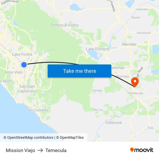 Mission Viejo to Temecula map