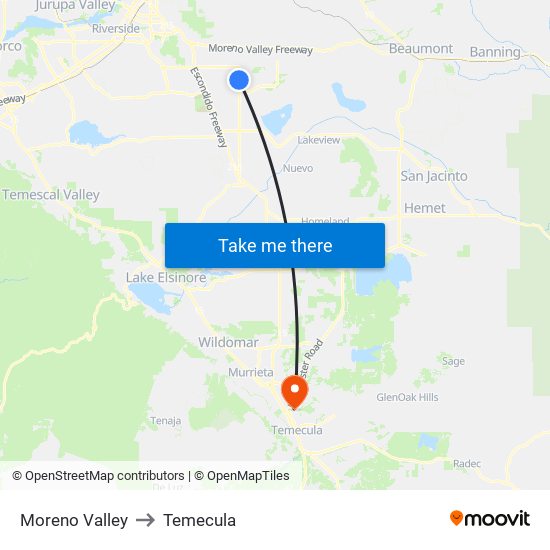 Moreno Valley to Temecula map