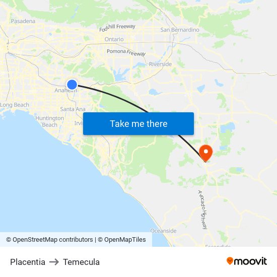 Placentia to Temecula map