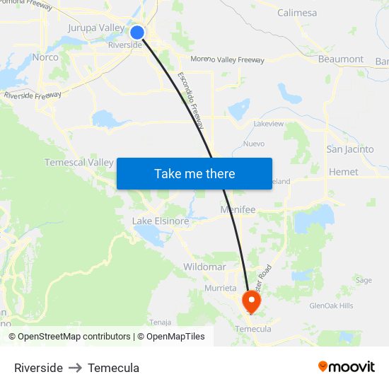 Riverside to Temecula map